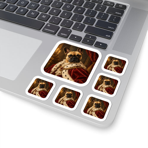A French bulldog as a royal noble portrait on the sticker sheet (mockup, example portrait — not a photo of a real print)