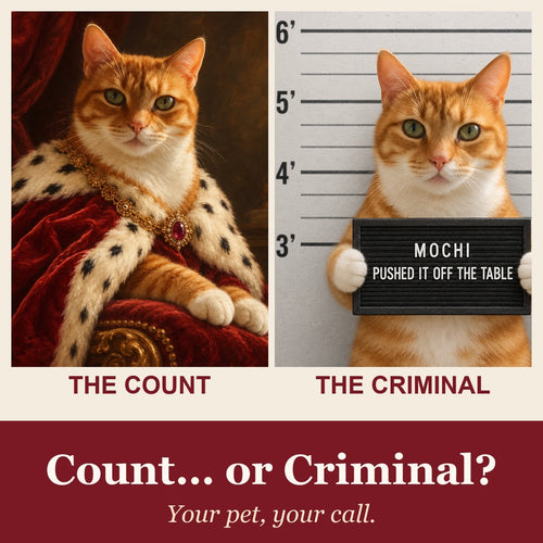 Your pet as a royal noble portrait or a Most Wanted mugshot (example illustrations, not a print)