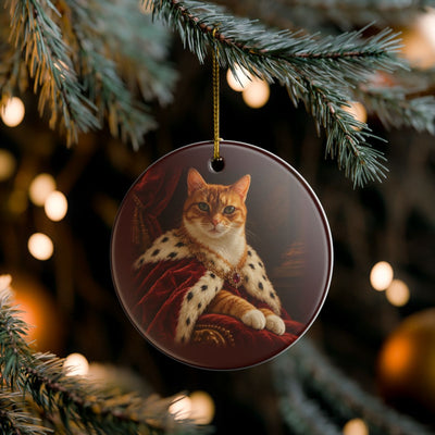 An orange cat as a royal noble portrait on the ceramic ornament (mockup, example portrait — not a photo of a real print)