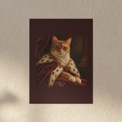 An orange cat as a royal noble portrait on the canvas, close view hanging in a room (mockup, example portrait — not a photo of a real print)