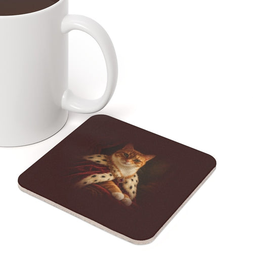 An orange cat as a royal noble portrait on the cork coaster, next to a coffee mug, close up (mockup, example portrait — not a photo of a real print)