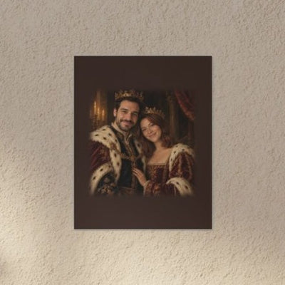Royal couple portrait canvas hanging in a room, close view (mockup; sample couple, not customers)