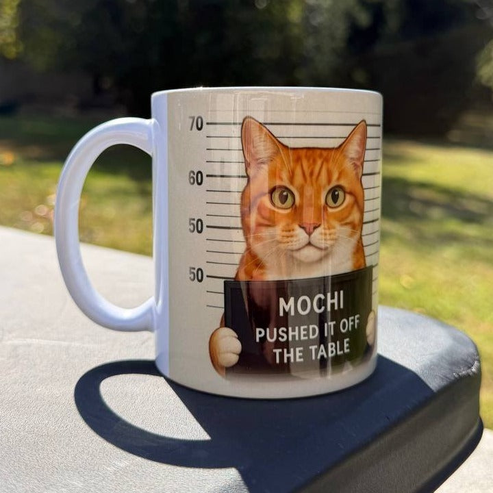 REAL PHOTO: Our printed 11 oz mug with an orange cat's Most Wanted mugshot, photographed outdoors and not edited. A real print, not a mockup