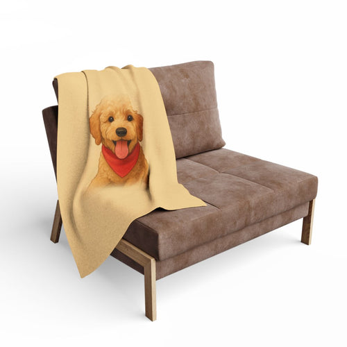 Custom pet portrait fleece blanket draped over a chair
