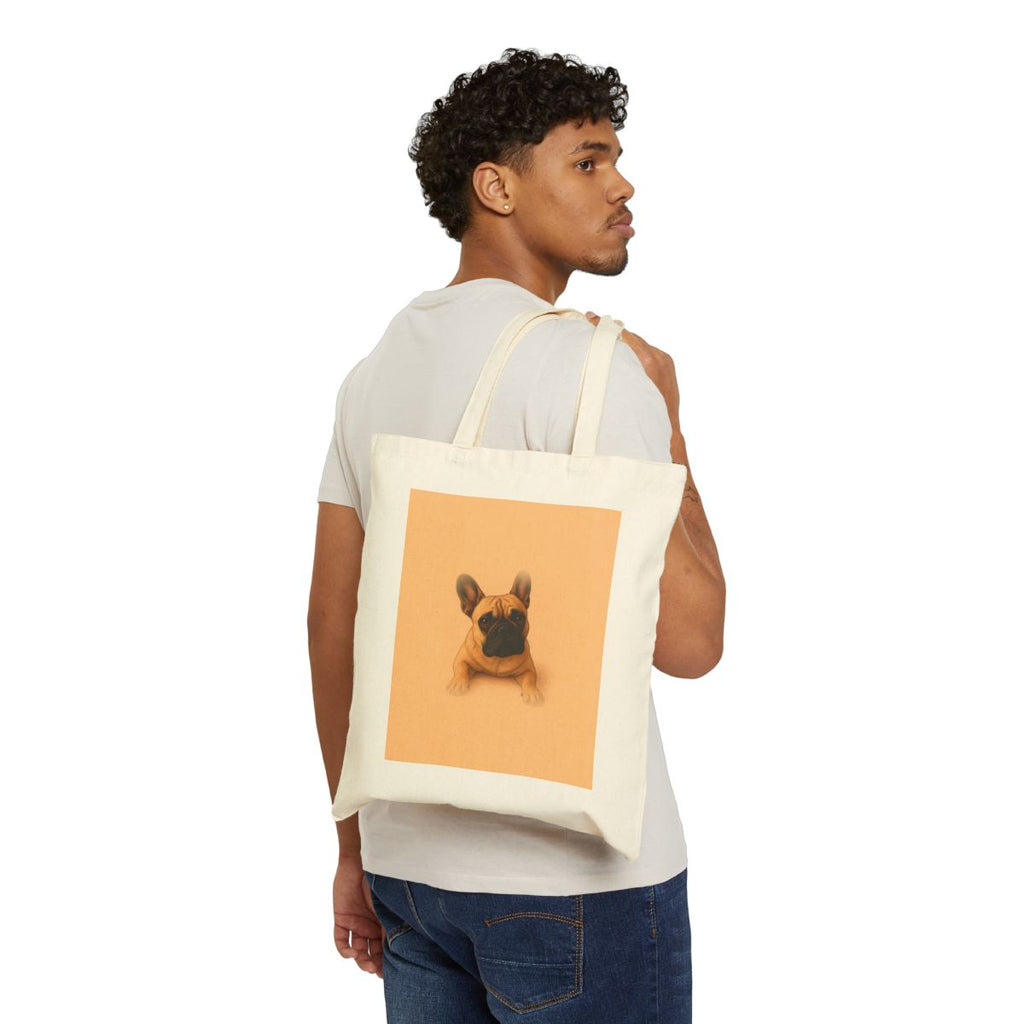 Custom pet portrait canvas tote bag carried on the shoulder